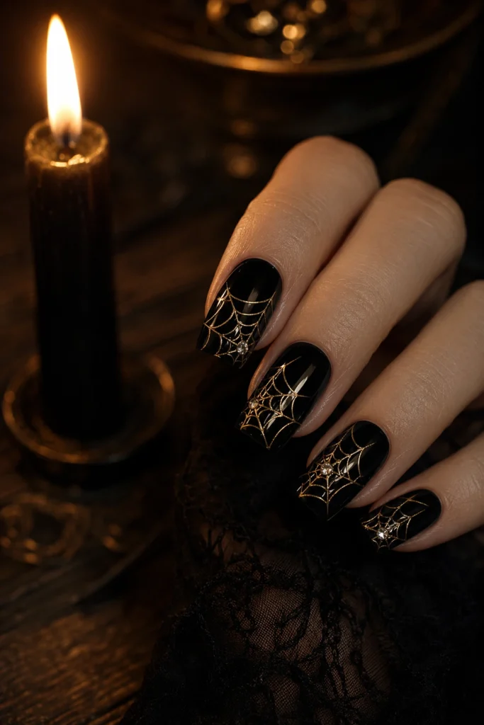 Black Halloween nails featuring gold spiderweb nail art and a rhinestone accent