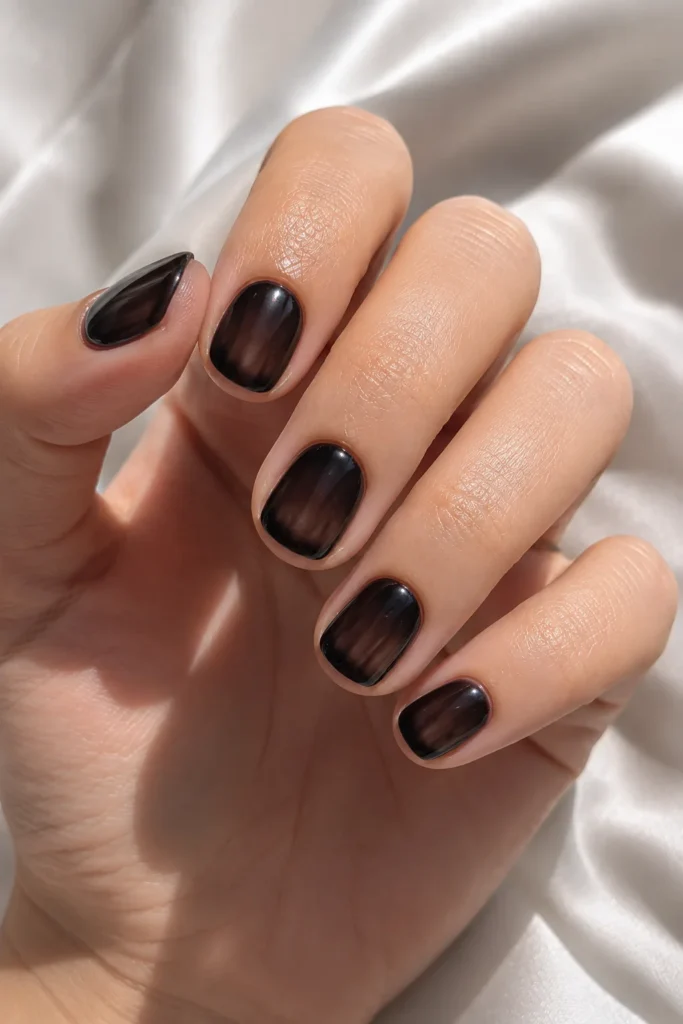 Sheer black jelly Halloween nails with a translucent glossy finish
