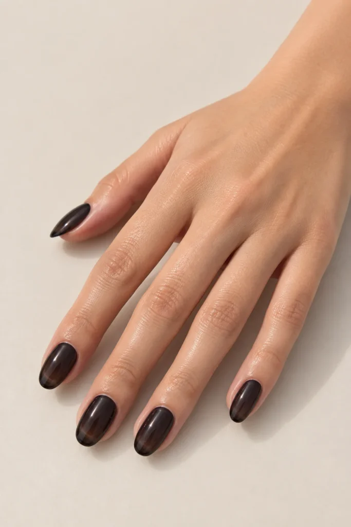 Sheer black jelly nails with glossy transparent finish