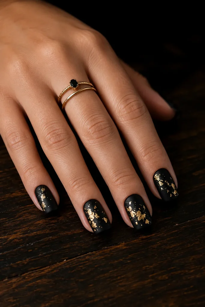Deep black nails with scattered gold foil flakes