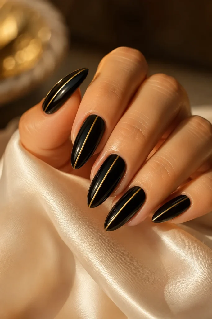 Short black nails with a delicate gold line