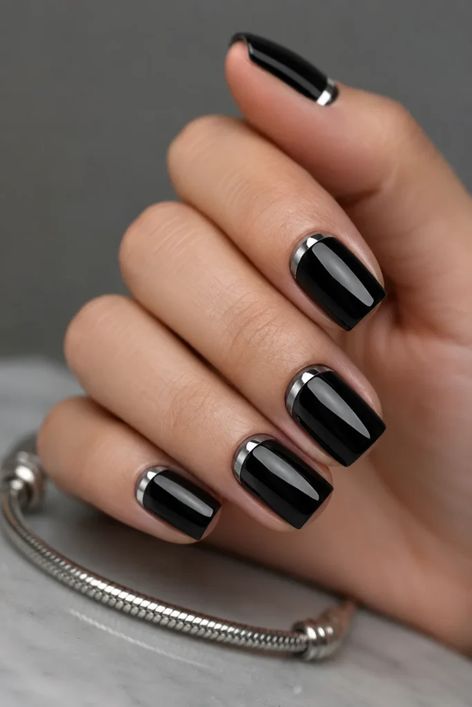 Black wedding nails accented with elegant silver cuff details