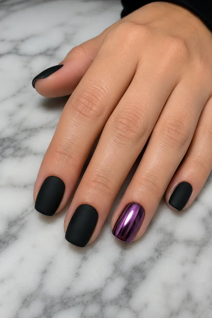 Purple and Black Nail Ideas with one purple chrome accent nail