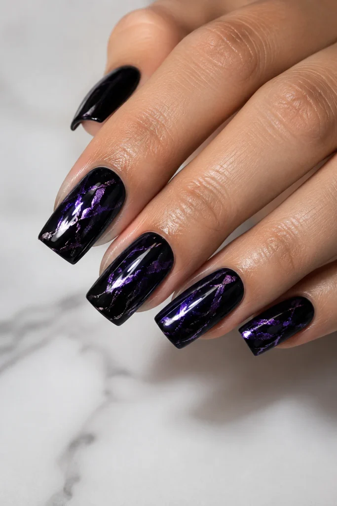 Purple and Black Nail Ideas with glossy black nails and purple foil