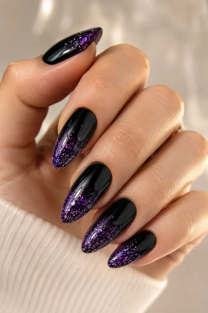 Purple and Black Nail Ideas with sparkling purple glitter tips