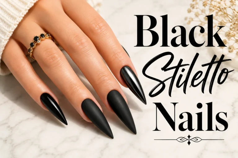 Black stiletto nails with a bold glossy finish
