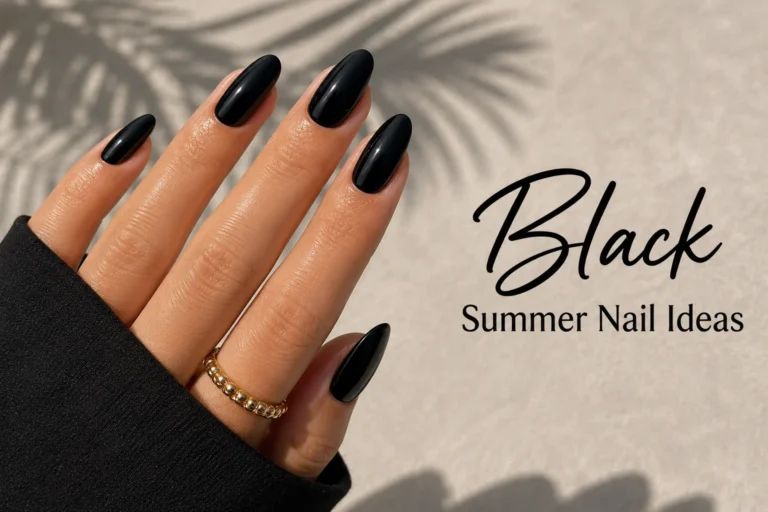 Glossy black almond nails perfect for chic summer style