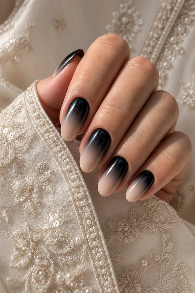 Black to nude ombre wedding nails with a smooth gradient effect