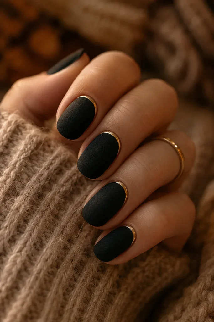 Black velvet nails with thin gold cuticle lines