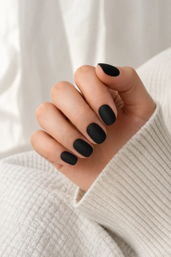 Black velvet matte nails with soft luxurious texture