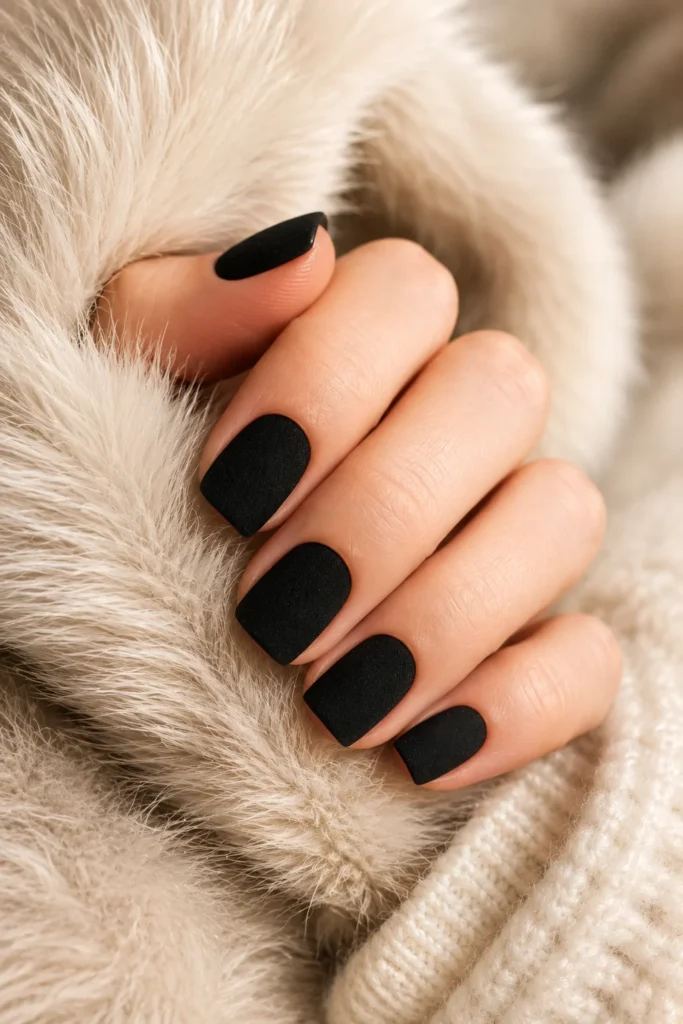 Soft textured black velvet wedding nails for a winter bridal look