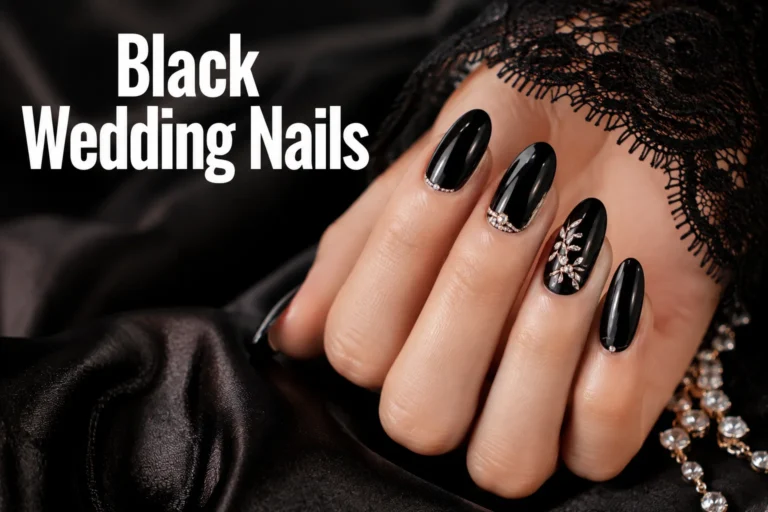 Elegant black wedding nails with luxurious bridal crystal accents