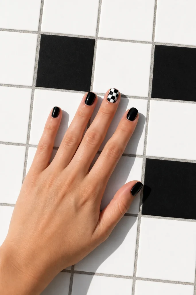 Black and white checkerboard accent nail design