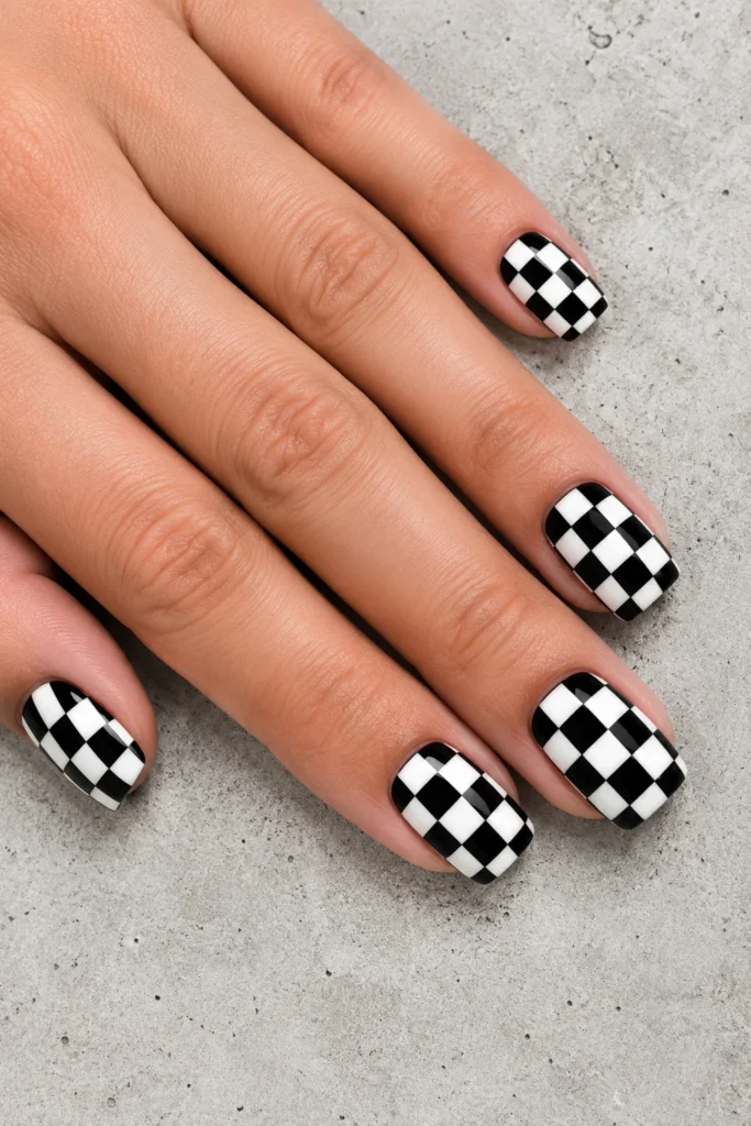 Short black and white checkerboard nail design