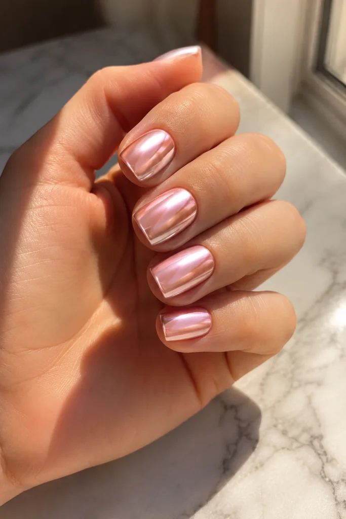 Blush chrome pink nails with a bridal glow
