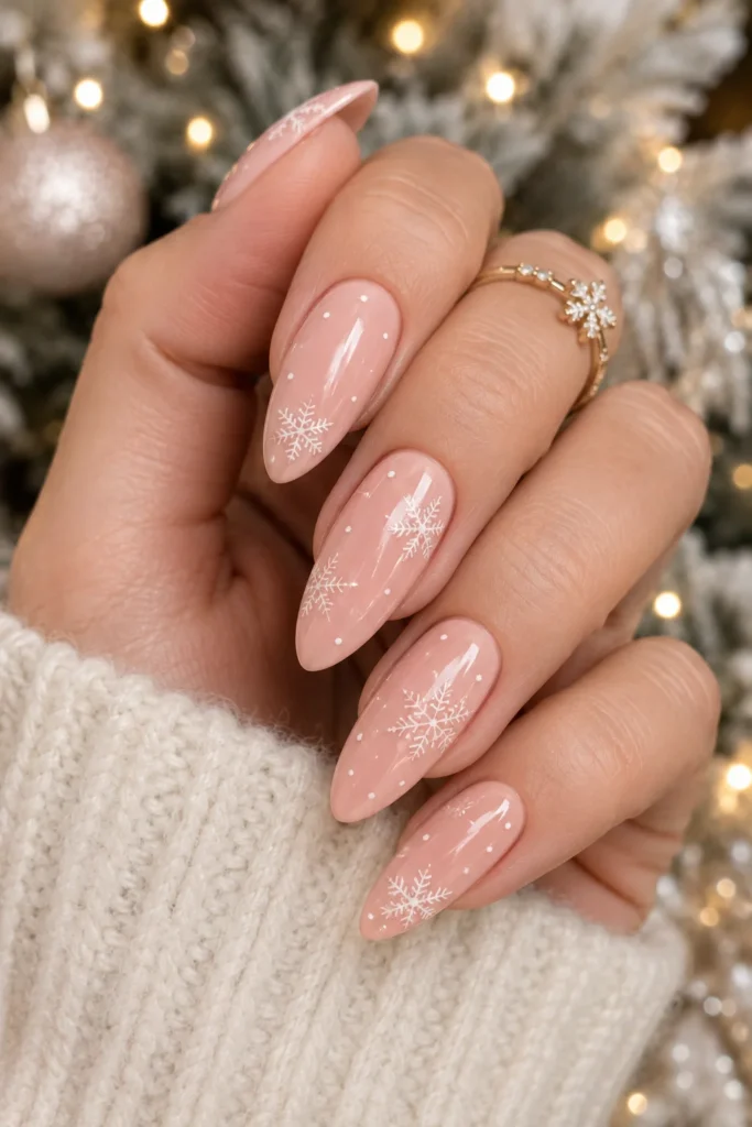 Blush pink almond nails with hand-painted white snowflake details