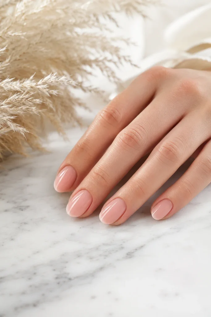 Blush pink milky nails with a soft glossy finish