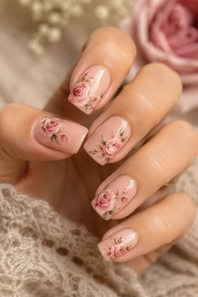 Nude square nails with hand-painted blush pink rose details