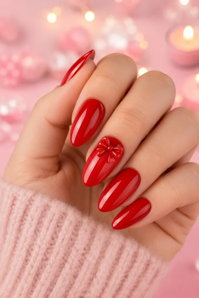 Candy apple red nails with glossy 3D bow