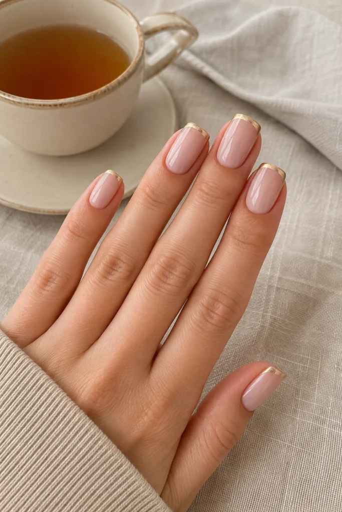 Champagne pink French manicure with gold tips