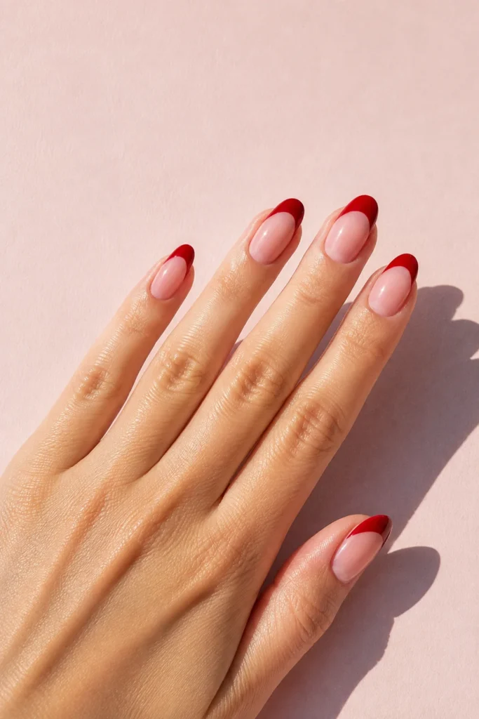 Cherry red French tip wedding nails with sheer nude base