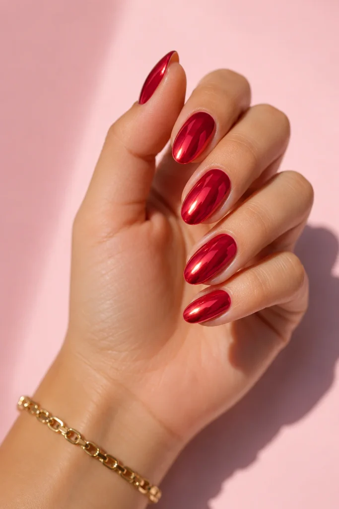 Cherry red glazed chrome nails with glassy shine