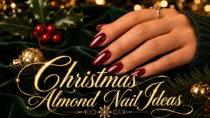Red almond nails on green velvet with Christmas Almond Nail Ideas