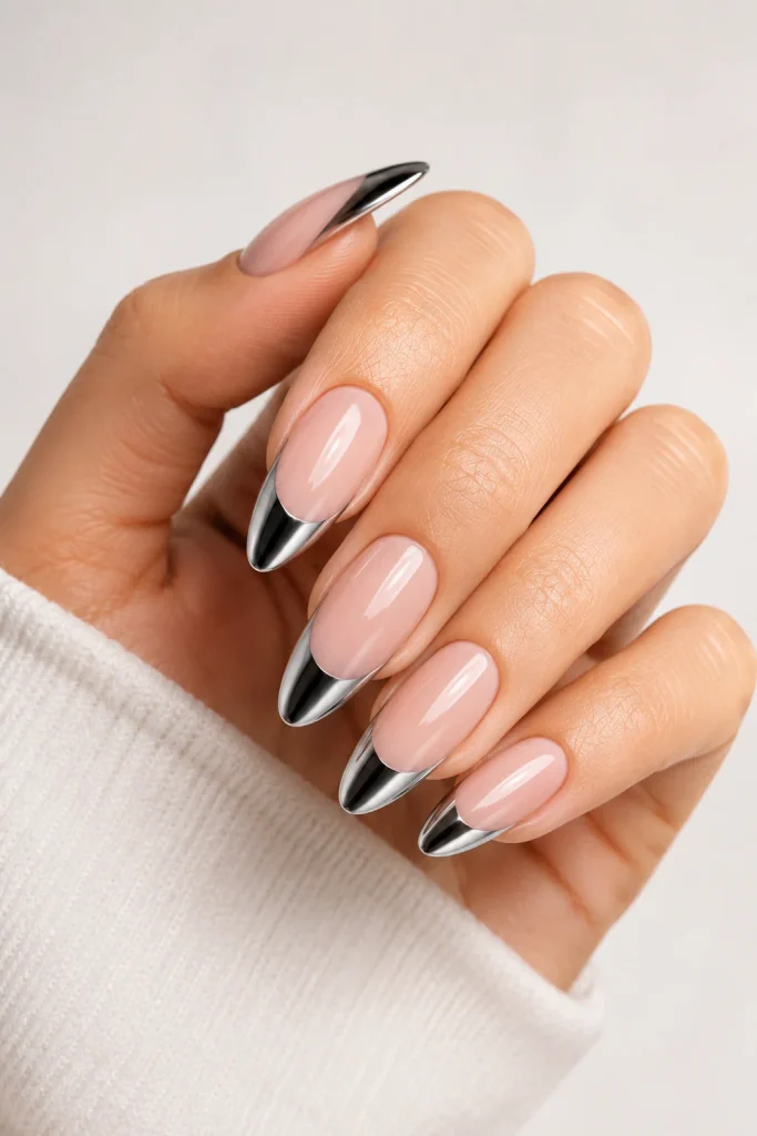 Chrome black French tips on almond nails