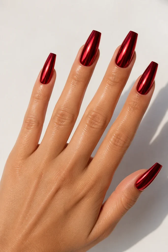 Mirror chrome cherry red coffin-shaped nails