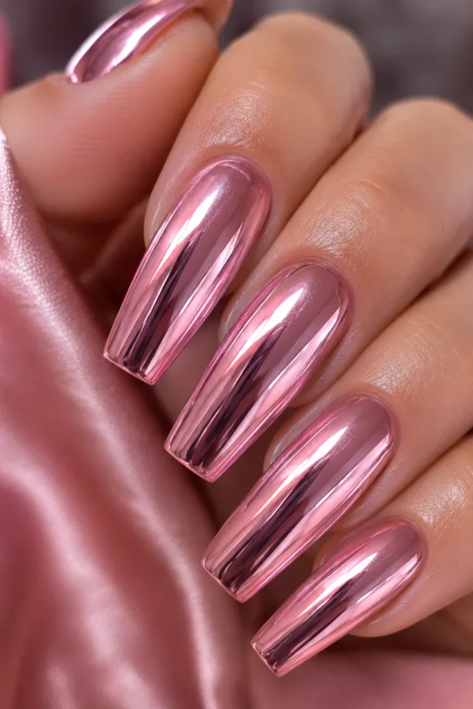 Chrome pink shine nails on coffin shaped nails with mirror finish