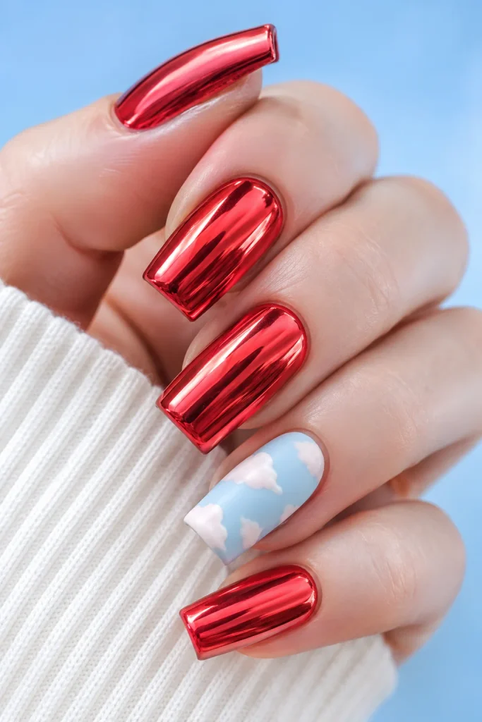 Chrome red nails with white cloud accents