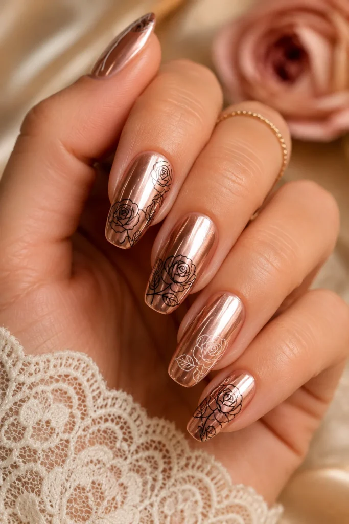 Chrome rose gold nails with fine black rose line art