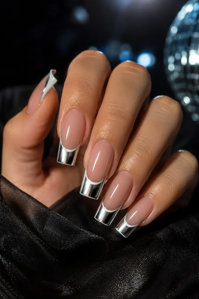 Chrome white French tip nails with a metallic mirror finish