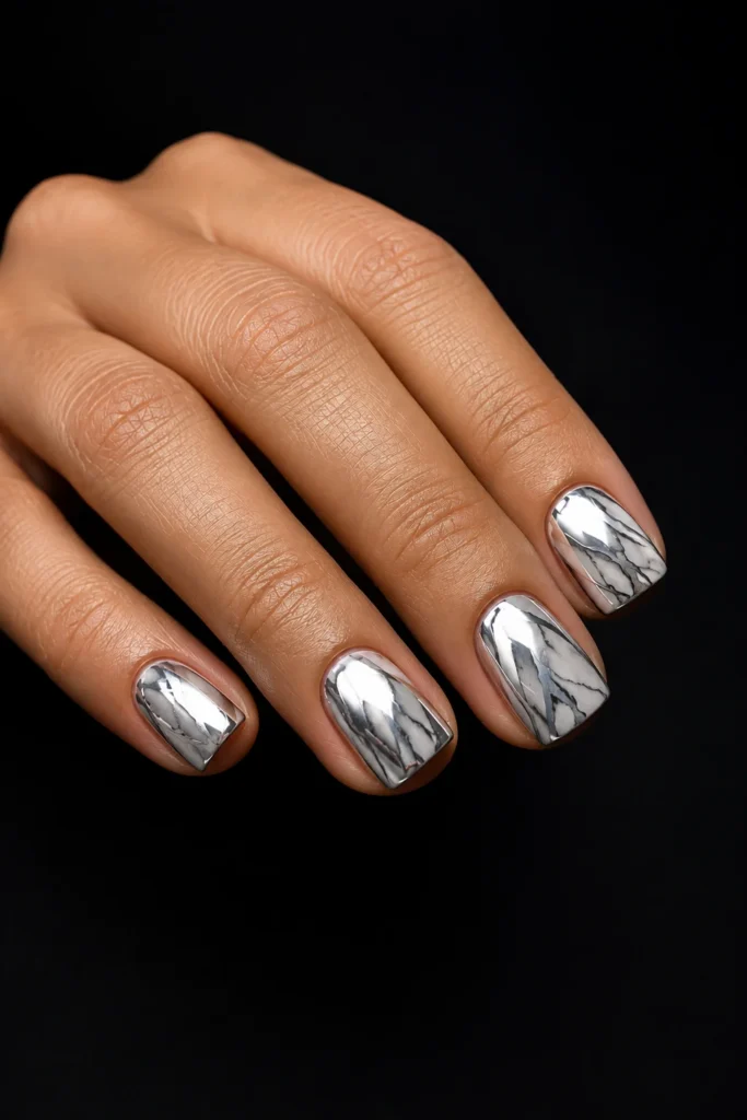 Chrome white marble nails with metallic shine