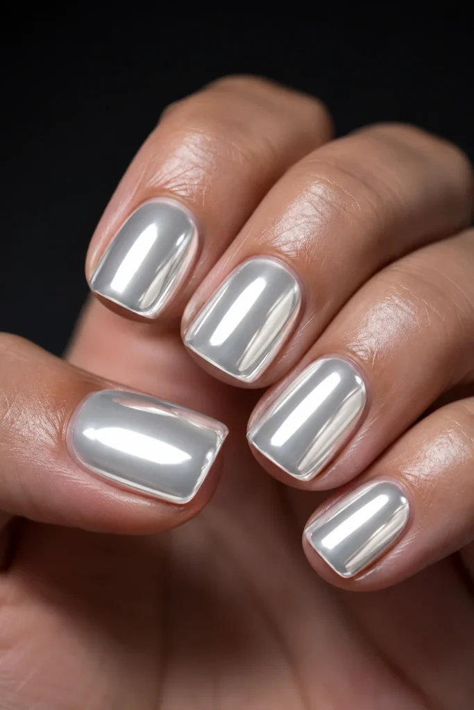 Chrome white nails with reflective mirror finish