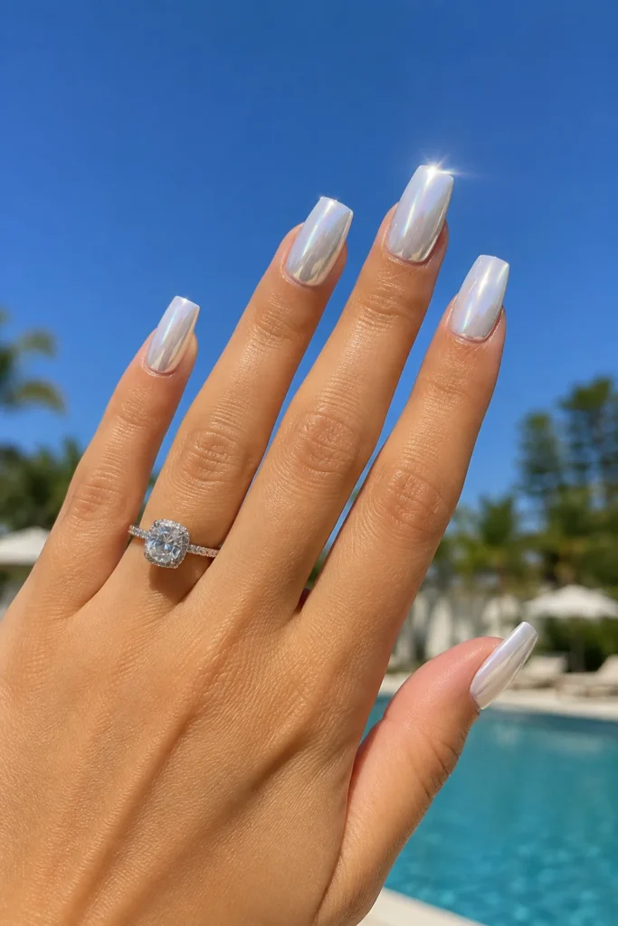 Mirror chrome white summer nails on long square nails