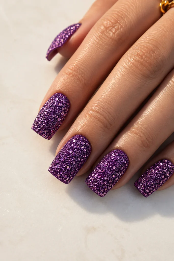 Chunky purple glitter nails with bold sparkling texture