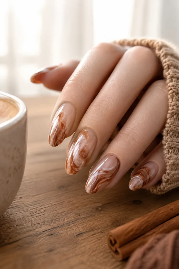 Cinnamon swirl marble almond nails in caramel and cream