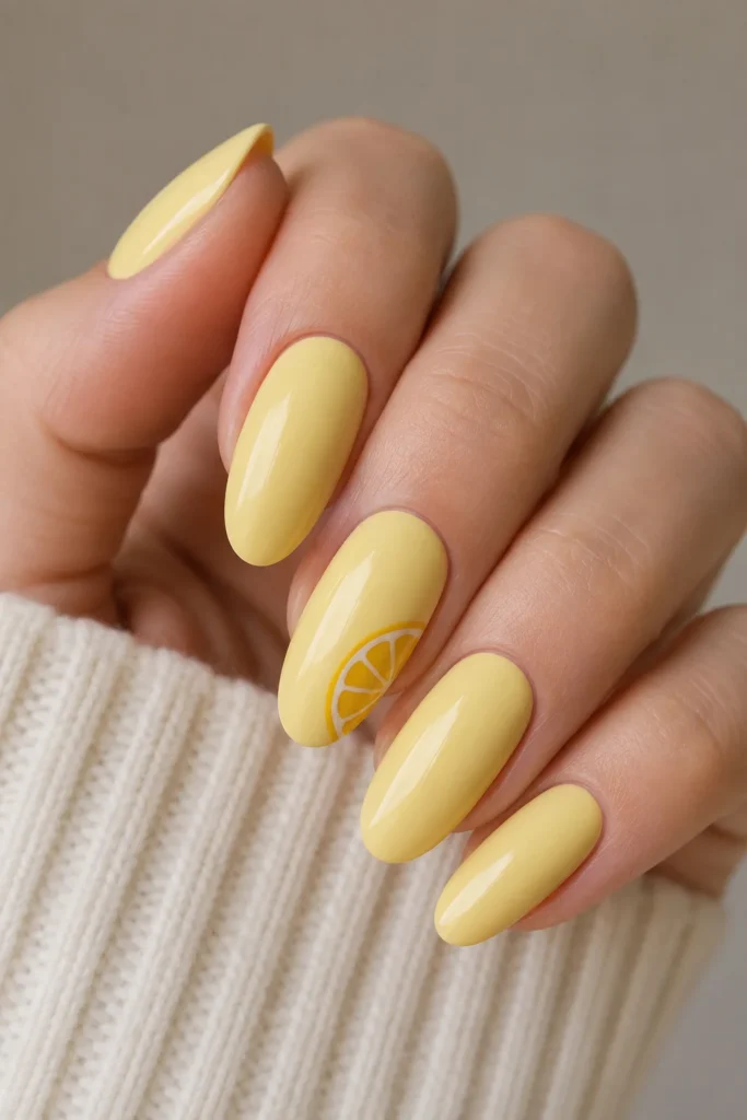 Pale yellow short almond nails with a tiny citrus slice accent nail