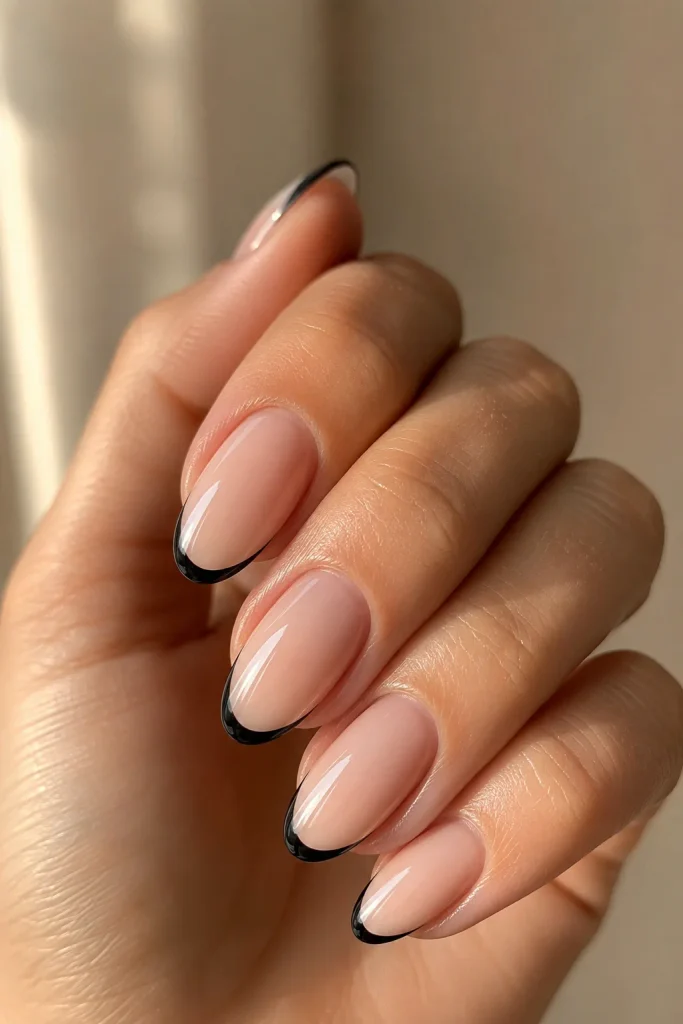 Classic black French tips on sheer nude nails