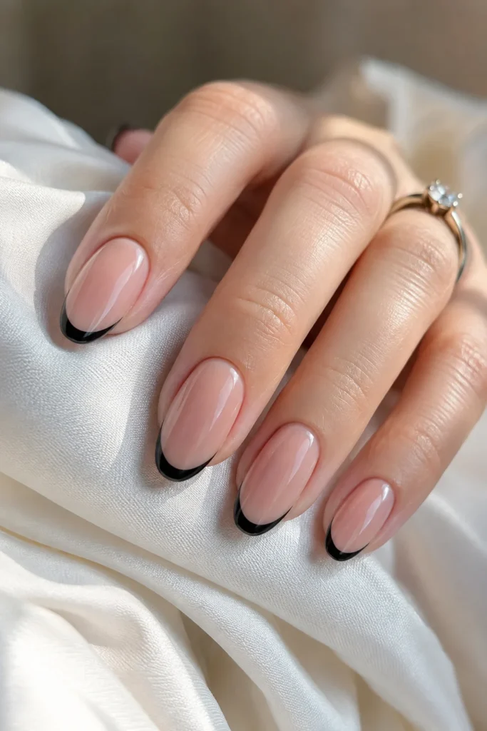 Classic black French tip wedding nails with a sheer pink base and glossy finish