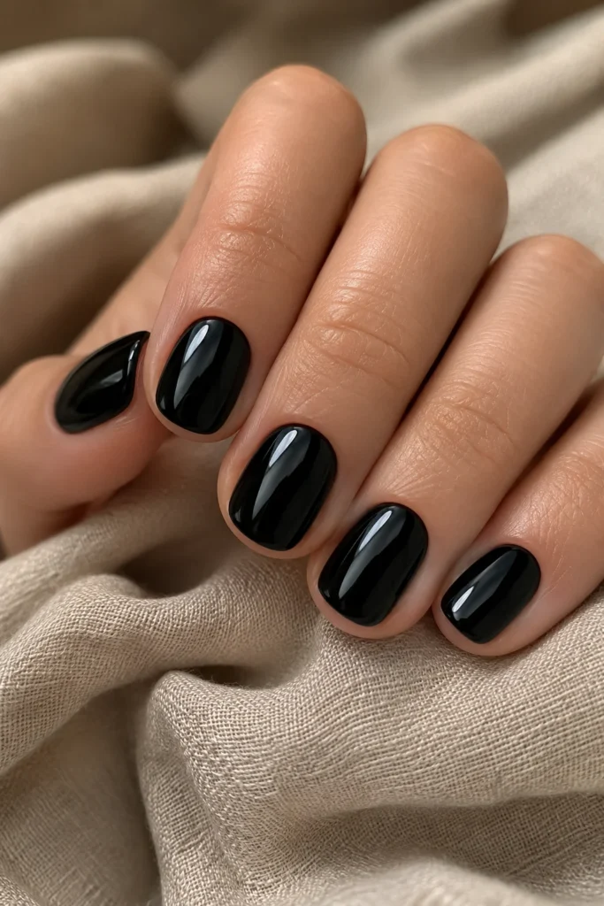 Classic glossy black nail polish on short round nails