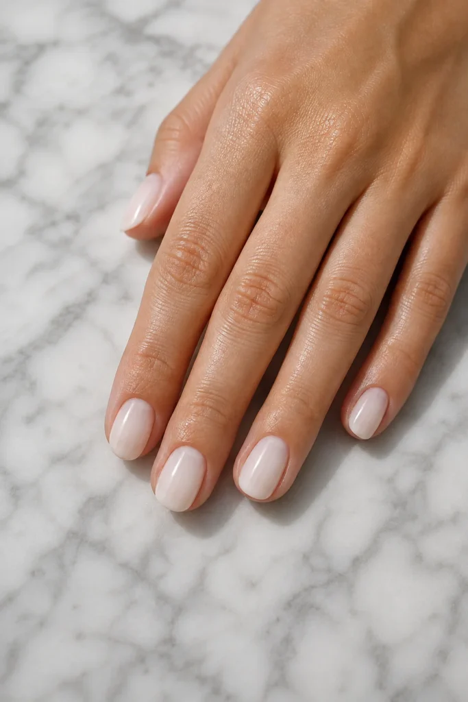 Classic milk bath milky white nails with a glossy finish on oval nails