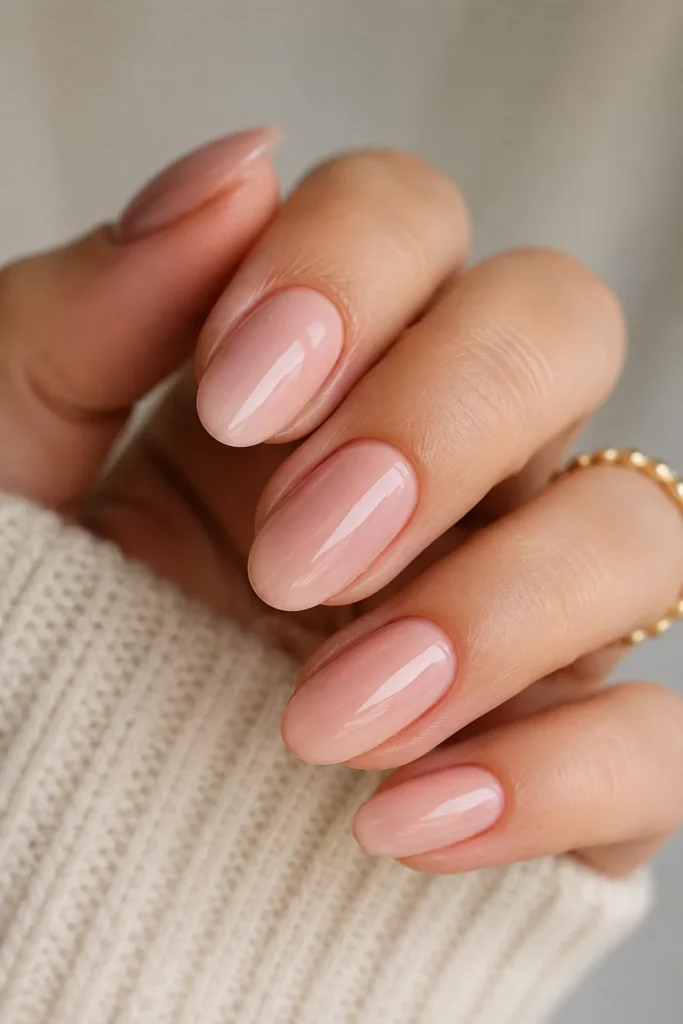 Classic milky pink nails on almond shaped nails with glossy top coat
