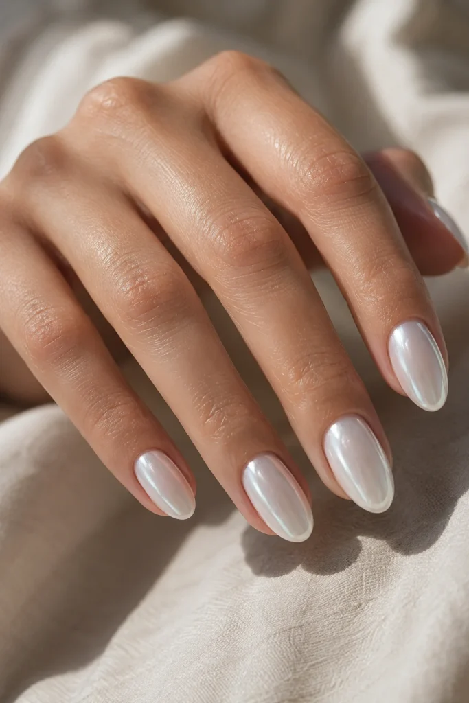 Classic milky white chrome almond nails