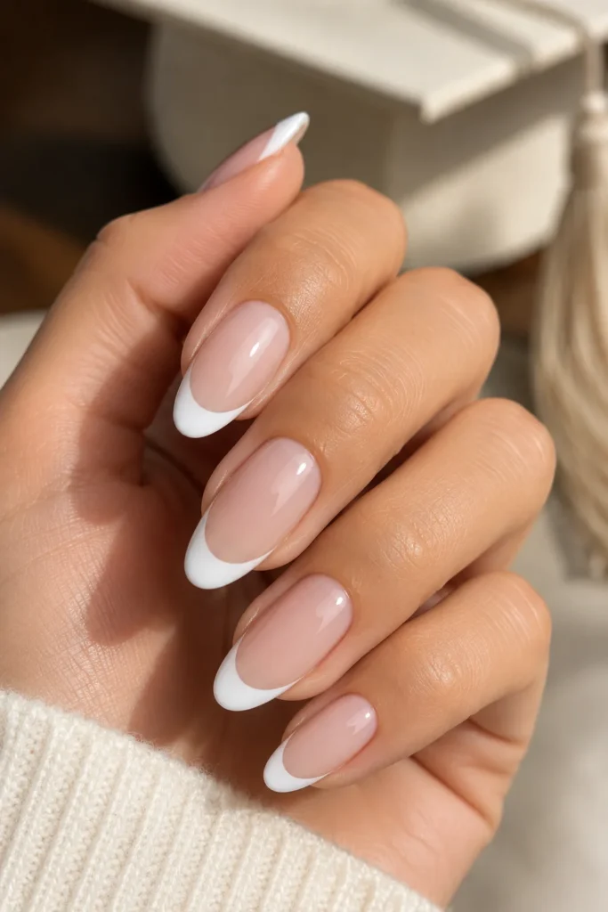 Milky white French tip nails for graduation day
