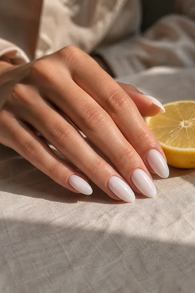 Classic milky white summer nails with a glossy finish on medium almond nails