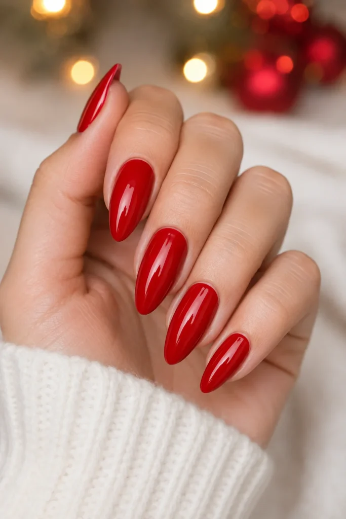 Glossy red almond nails styled with a white knit sweater