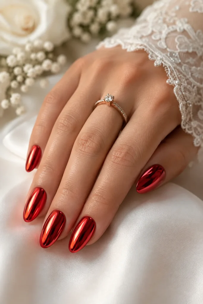 Classic red chrome wedding nails with glossy mirror finish on almond nails