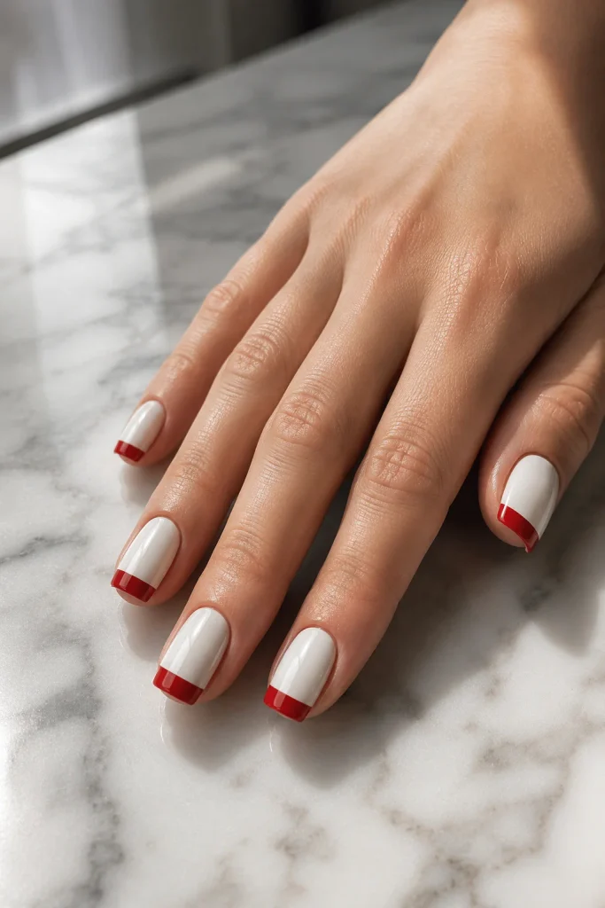 Classic red tips on a crisp white nail base